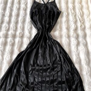 Long Black Slip Dress Lace and Crossover Spaghetti Straps